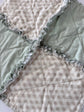 Quilt with checkered pattern and ruffled edge on a white background