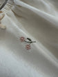 Close-up of pink embroidered flowers on a white fabric