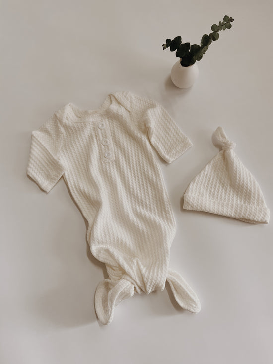 Waffle Knit Gown & Cap | White